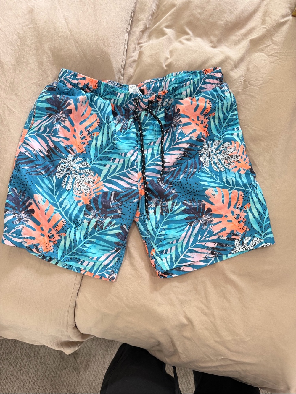Tropical Leaf Men's Swim Trunks - Blue & Coral